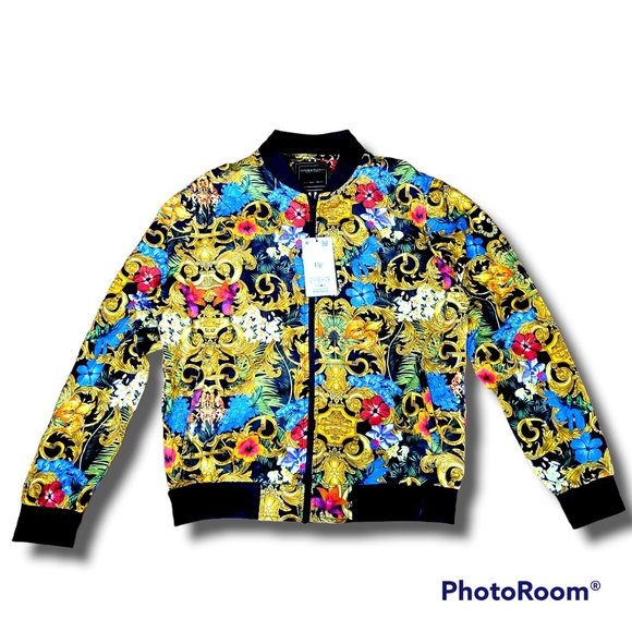 Denim & Flower Other - Denim & Flower Bomber Style Baroque Print Jacket Medium Black Gold Ricky Singh